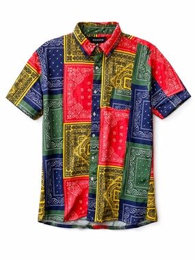 REASON Patchwork Bandana Short-Sleeve Shirt - Red, Blue, Green, Yellow